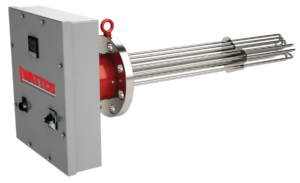 A grey, silver and red immersion heater